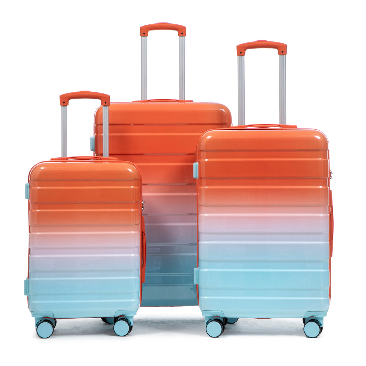 3-piece spinner wheel luggage set in orange-teal gradient with blue wheels on Tampa Home & Garden Store