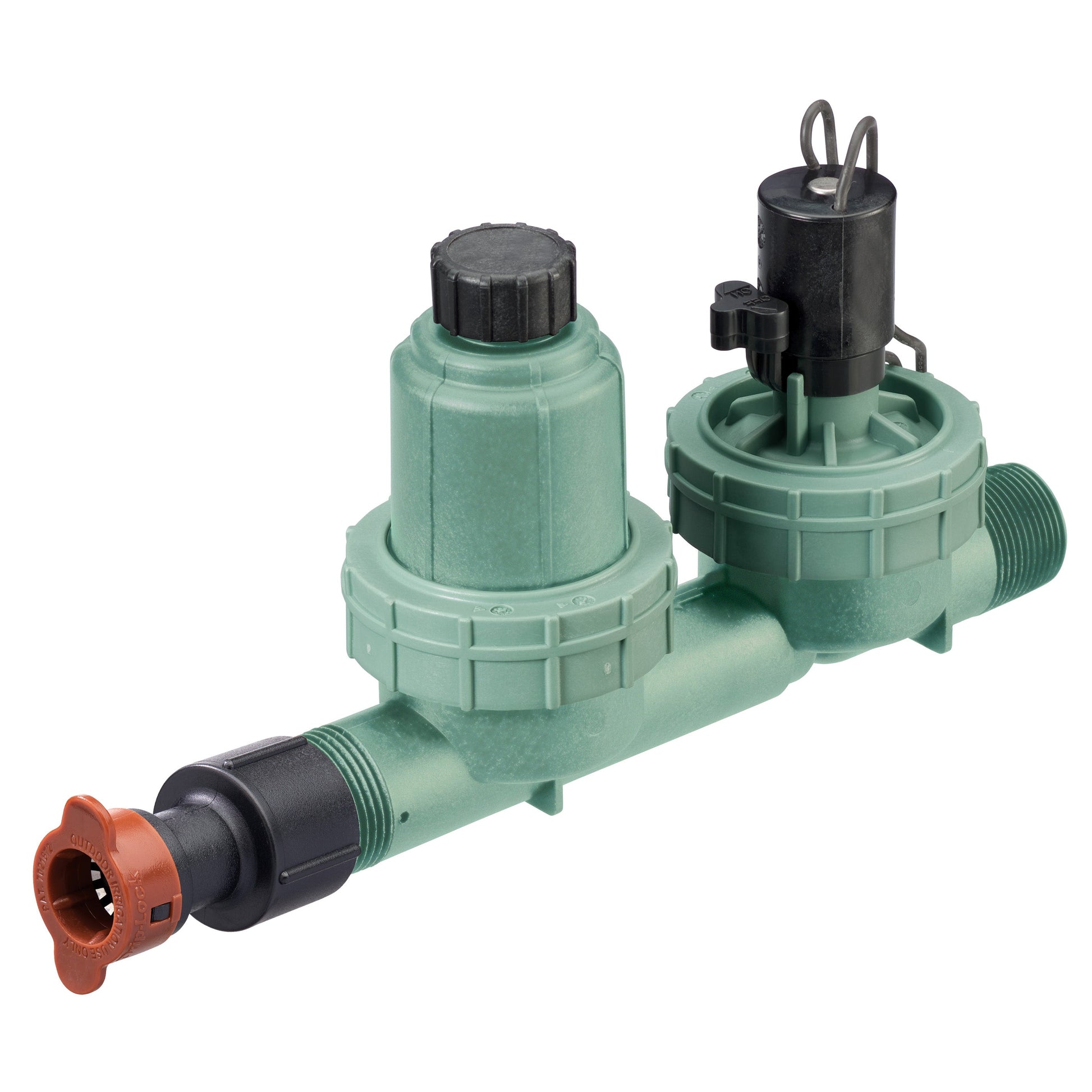 Orbit Irrigation 1-in MPT 4-in-1 drip valve assembly pair with green body and black caps on Tampa Home & Garden Store