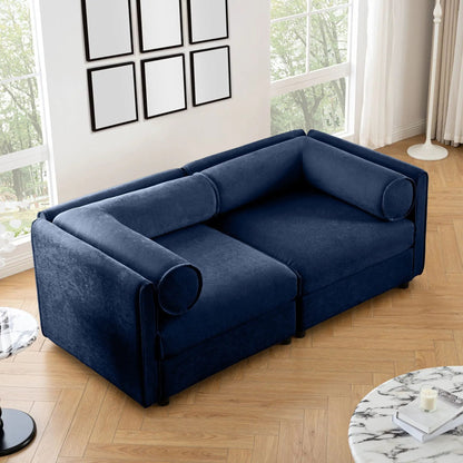 Stylish Sofa With Storage Seat And Cylindrical Backrest in blue velvet on Tampa Home & Garden Store