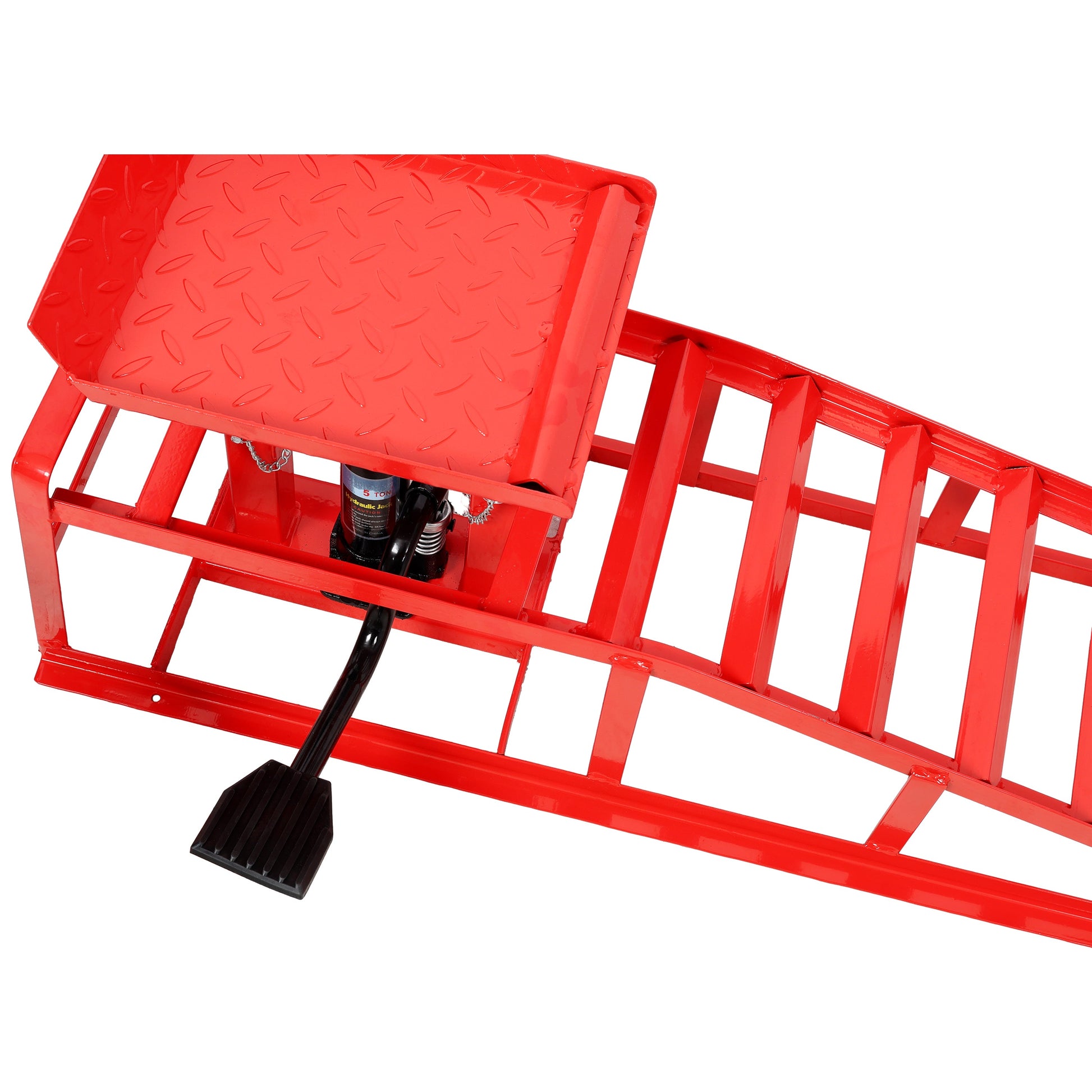 Red 5-ton hydraulic car ramp with diamond-plate platform and pedal HouseOfZazla on Tampa Home & Garden Store