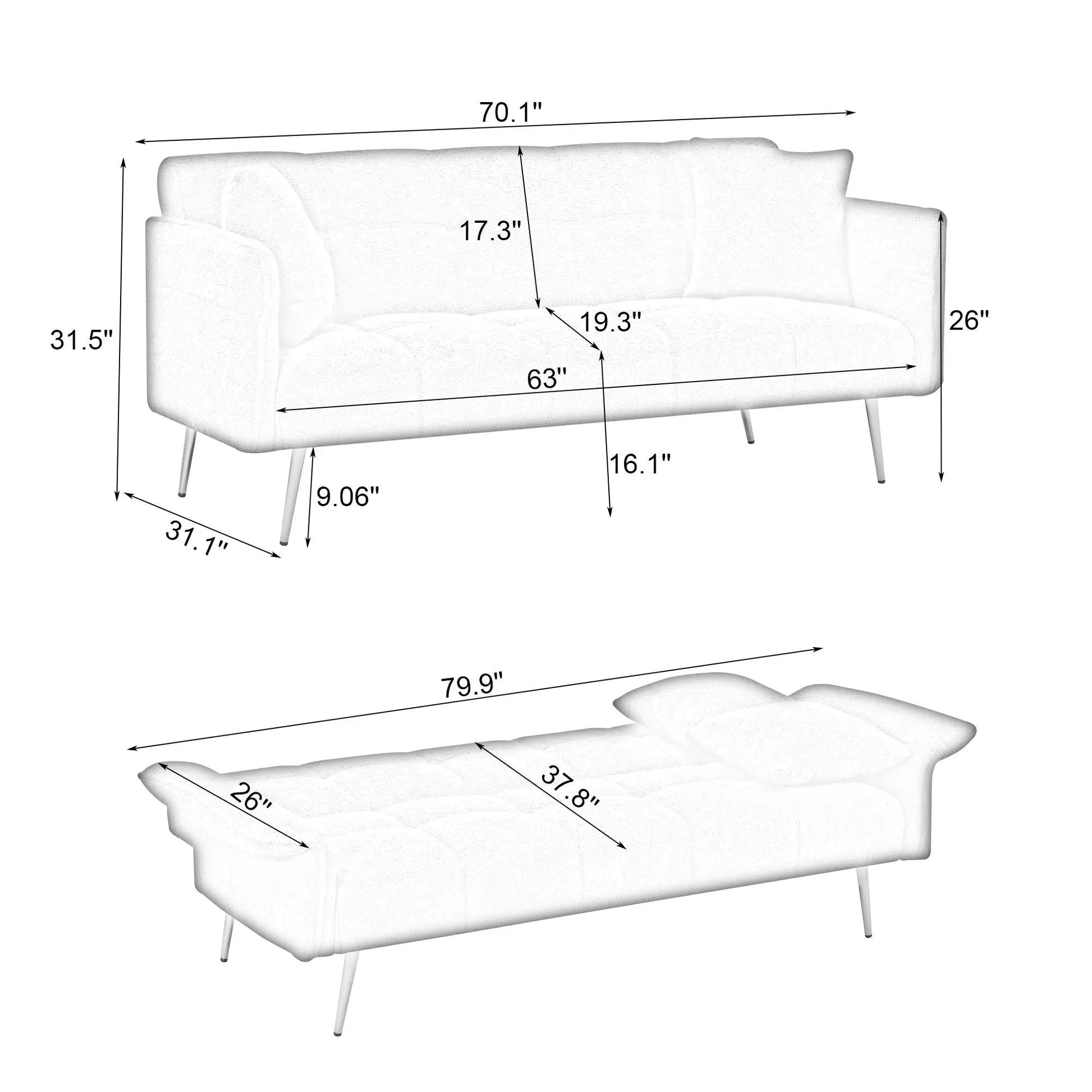 Convertible futon sofa bed with folding armrests in white upholstery Unique Piece Furniture on Tampa Home & Garden Store