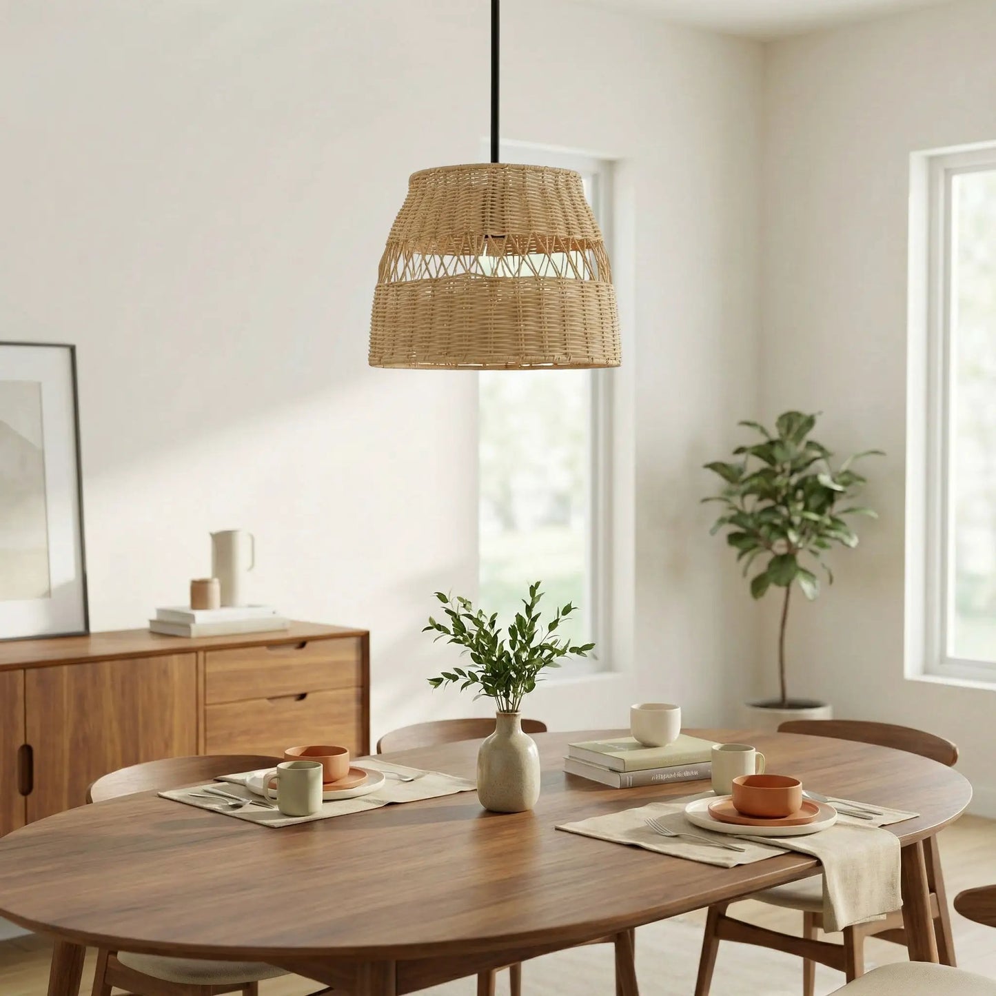 Essence pendant light with black cord and natural rattan shade over a wooden dining table by Unique Piece Furniture on Tampa Home & Garden Store