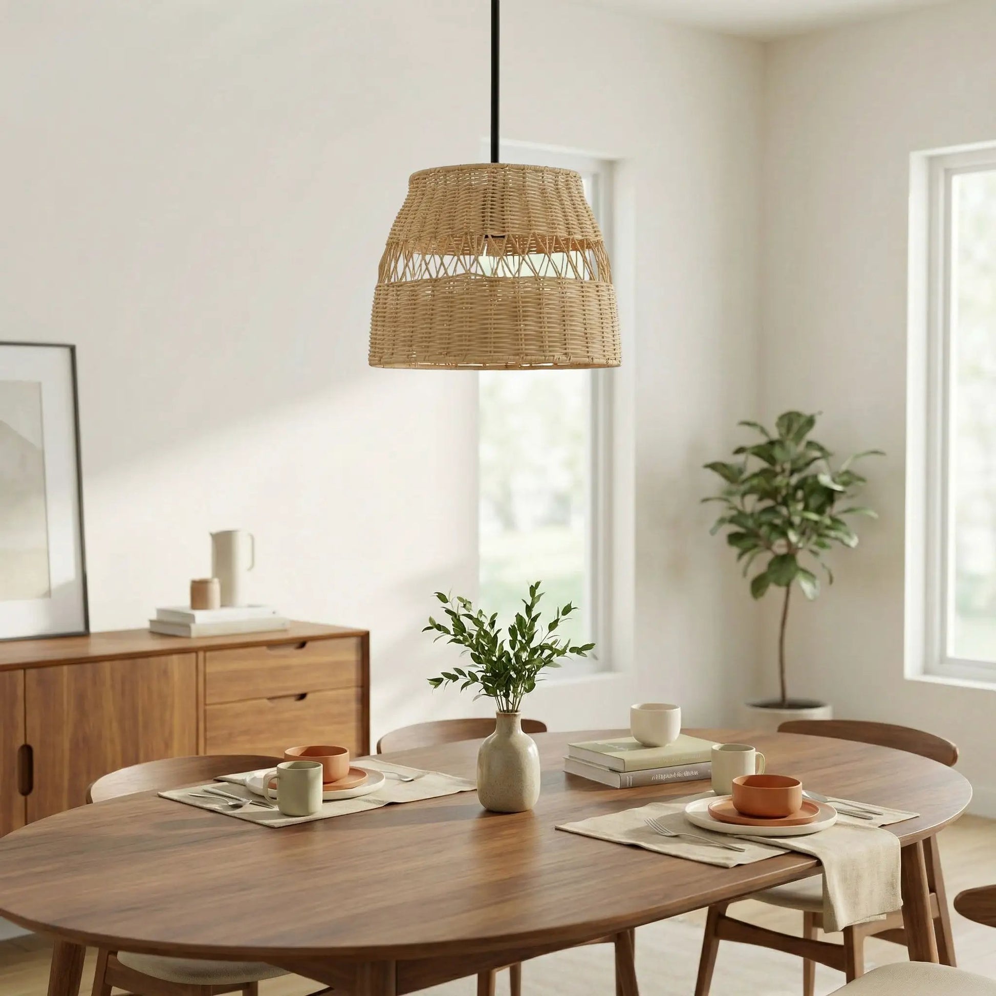 Essence pendant light with black cord and natural rattan shade over a wooden dining table by Unique Piece Furniture on Tampa Home & Garden Store