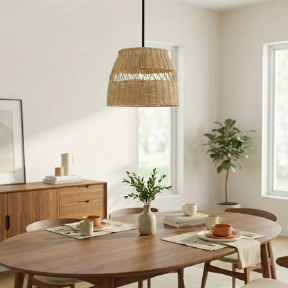 Essence pendant light with black cord and natural rattan shade over a wooden dining table by Unique Piece Furniture on Tampa Home & Garden Store