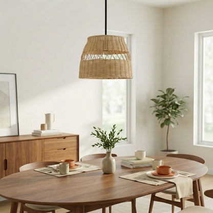 Essence Single Lights Pendant With Shade Black Rattan shade on black cord over wooden table on Tampa Home & Garden Store