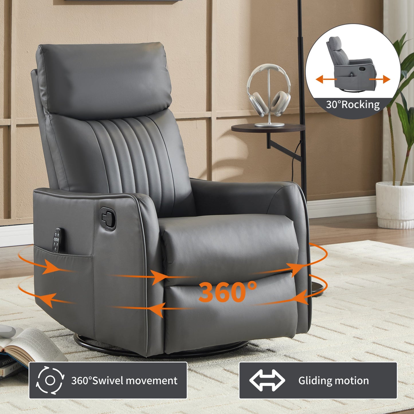 Grey faux leather heat massage recliner chair by HouseOfZazla with rocker and 360° swivel on Tampa Home & Garden Store