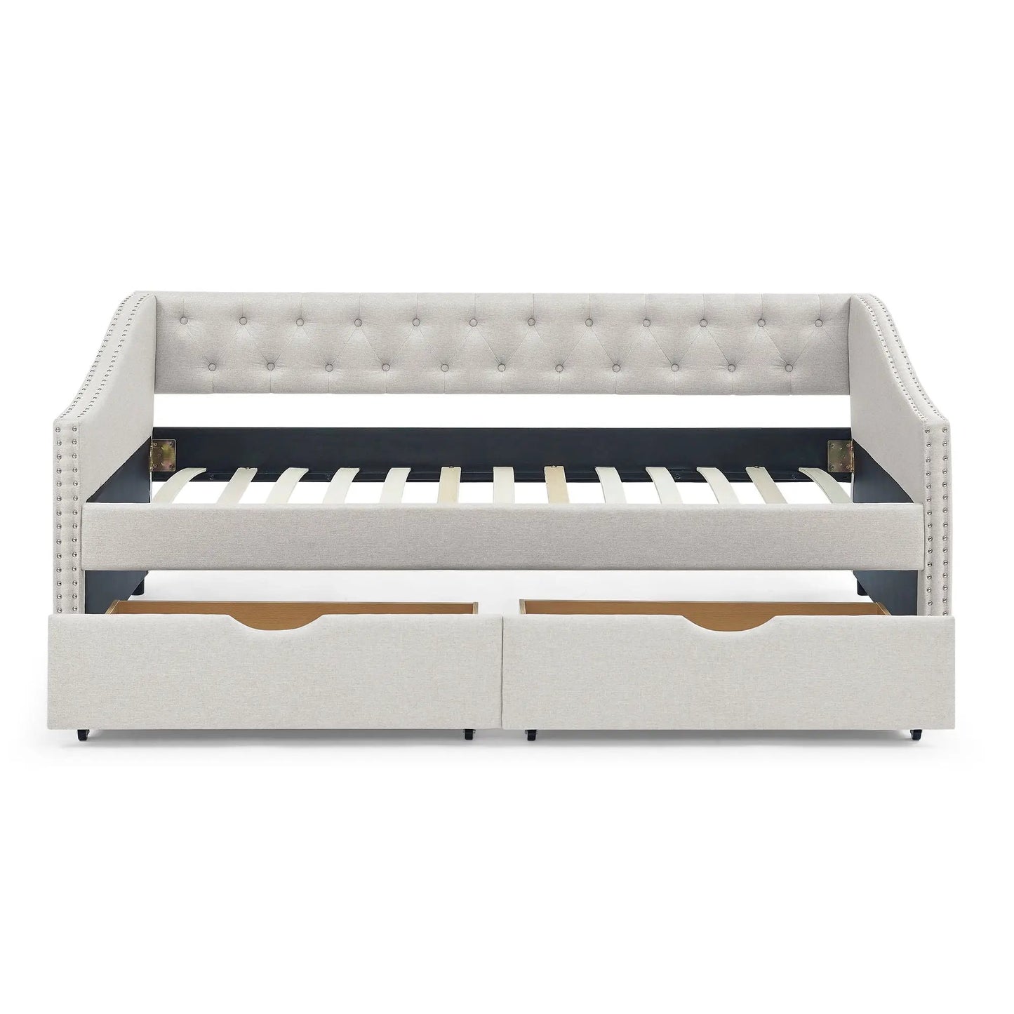 Upholstered tufted daybed with 2 drawers, waved arms in gray fabric on Tampa Home & Garden Store