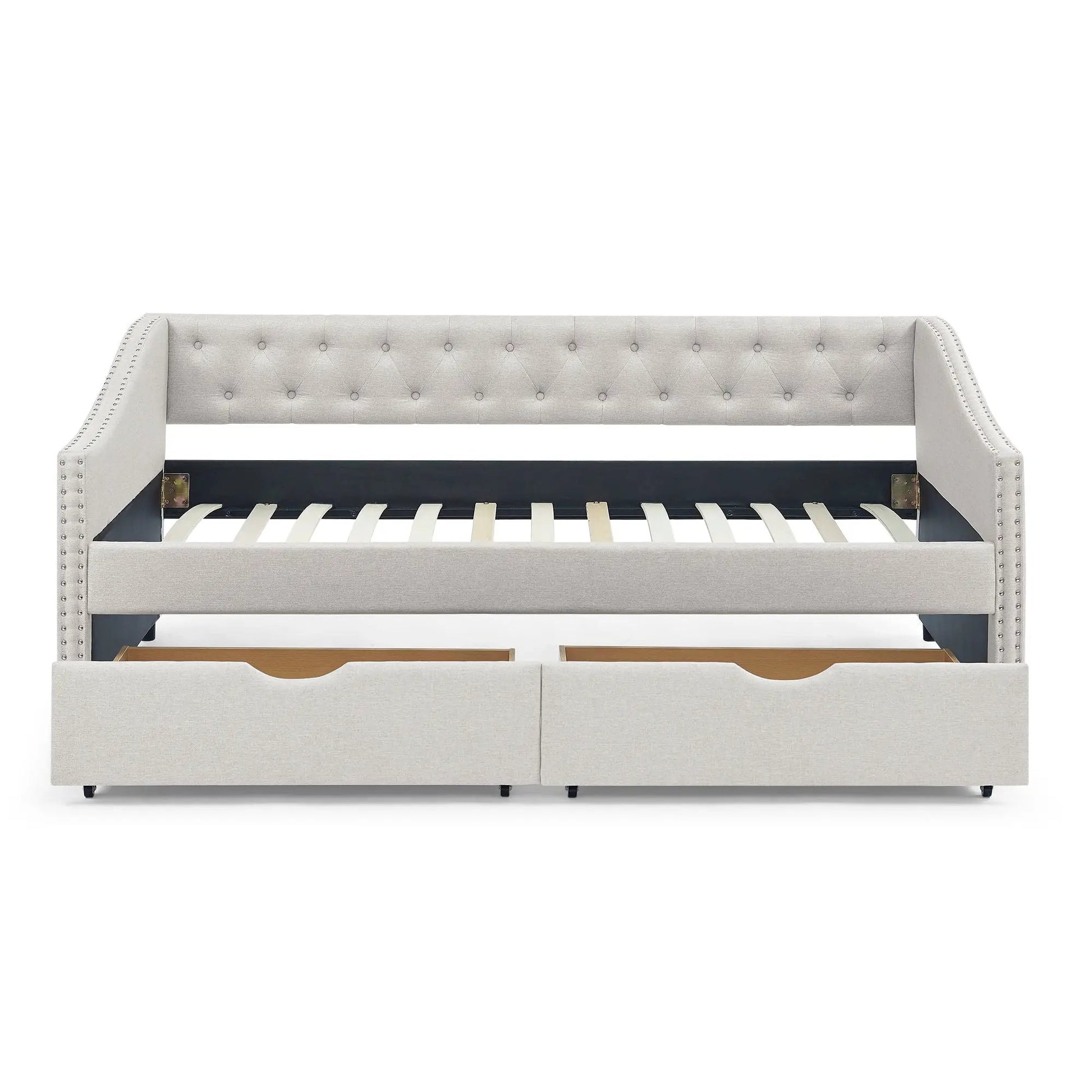 Upholstered tufted daybed with 2 drawers, waved arms in gray fabric on Tampa Home & Garden Store