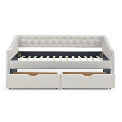 Upholstered tufted daybed with 2 drawers, waved arms in gray fabric on Tampa Home & Garden Store