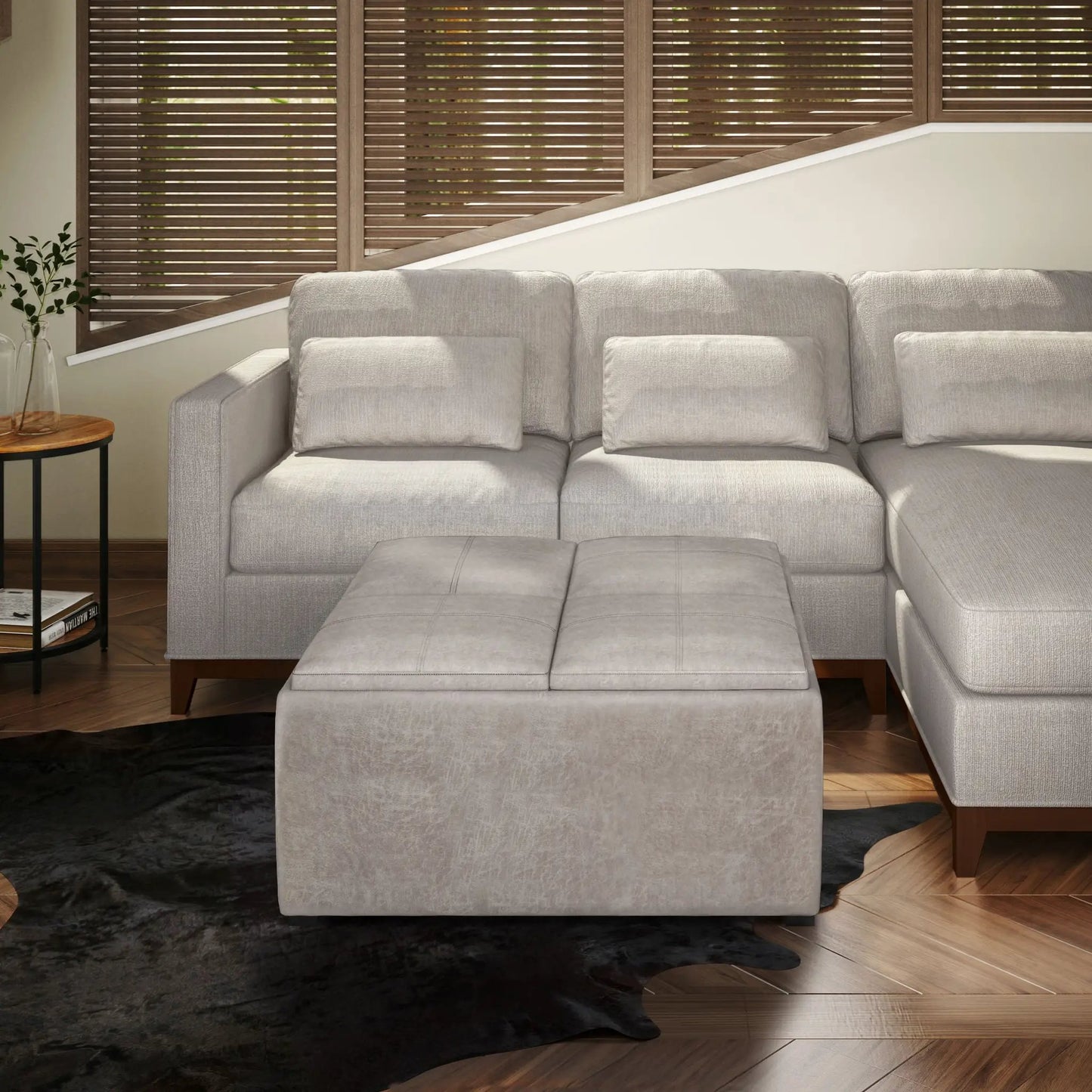 Avalon Square Coffee Table Storage Ottoman in gray fabric for living room on Tampa Home & Garden Store