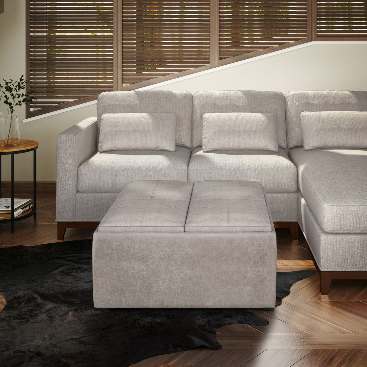 Avalon Square Ottoman Coffee Table With Trays light gray fabric storage ottoman with wood legs on Tampa Home & Garden Store