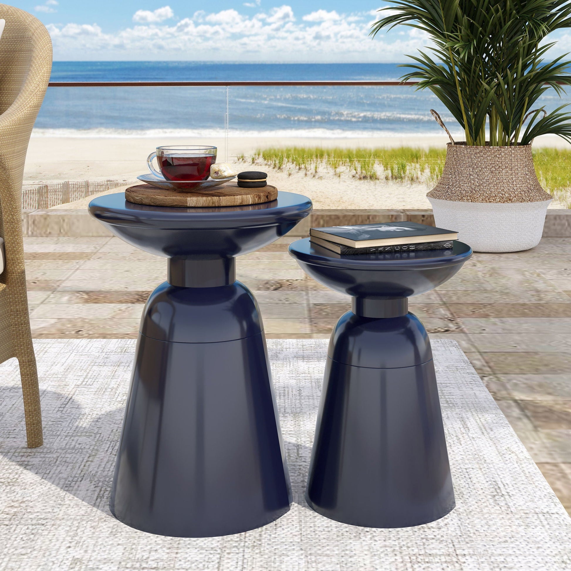 Serenita Outdoor Side Tables Set of 2 in navy blue with flared bases on Tampa Home & Garden Store
