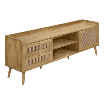 TV stand console with cane-front drawers and open shelves in wood by Unique Piece Furniture on Tampa Home & Garden Store