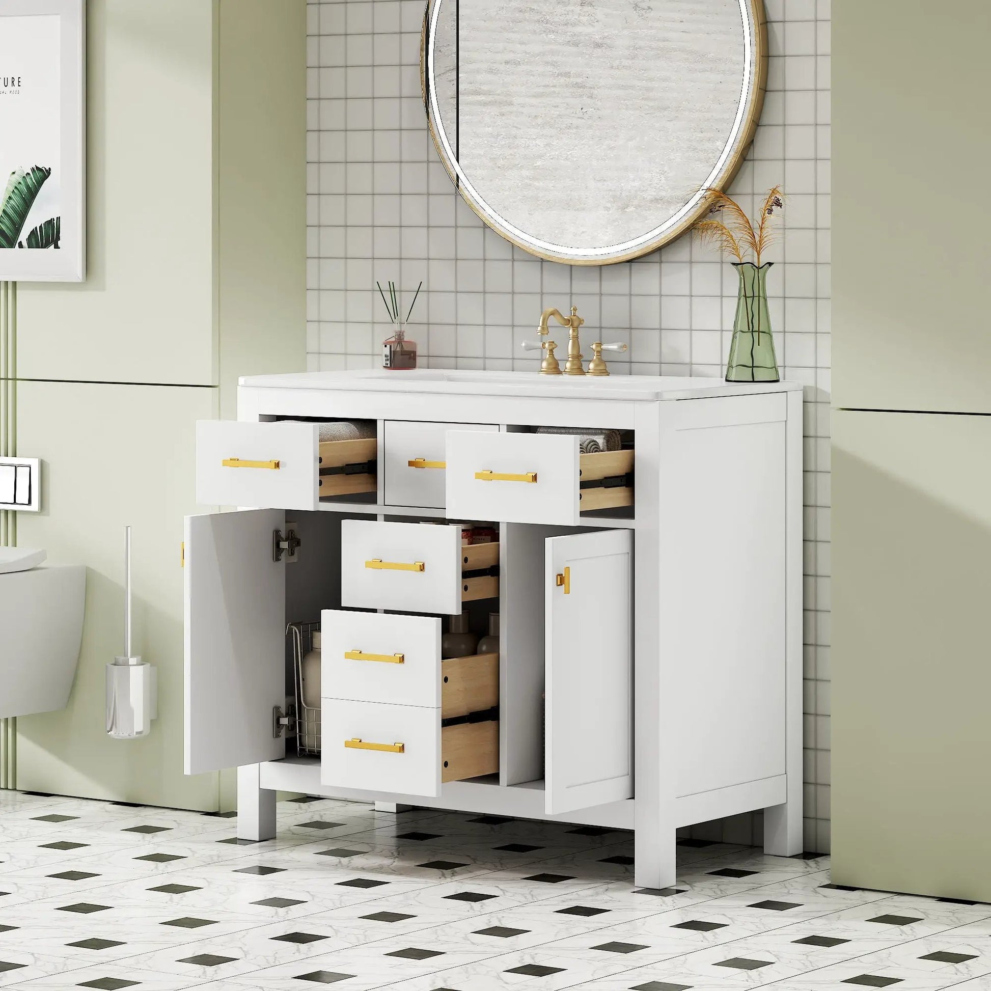 Bathroom vanity with sink, white cabinet, 4 drawers and brass handles Unique Piece Furniture on Tampa Home & Garden Store