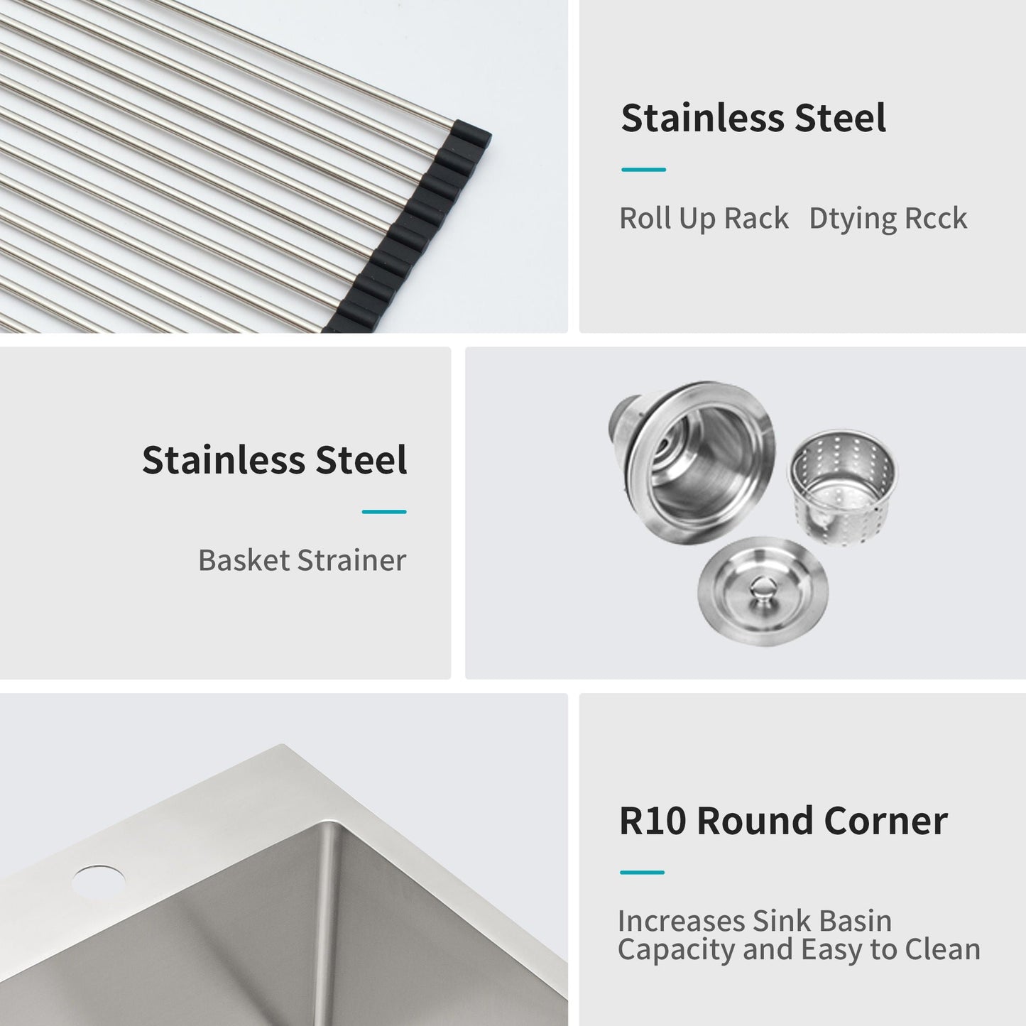 Drop In Kitchen Sink topmount 16 gauge stainless steel with roll-up rack and basket strainer on Tampa Home & Garden Store
