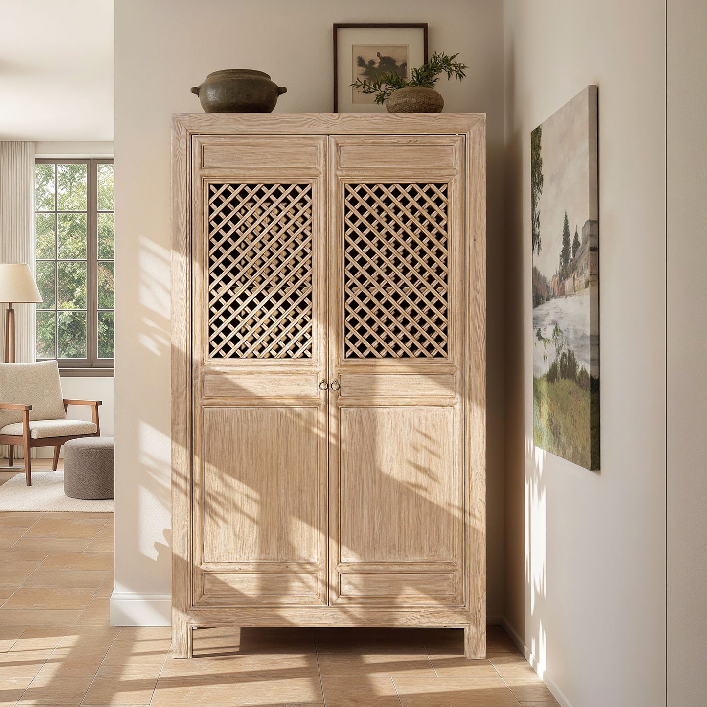 Arden 2-Door Bookcase Storage Cabinet Natural wood lattice doors HouseOfZazla on Tampa Home & Garden Store