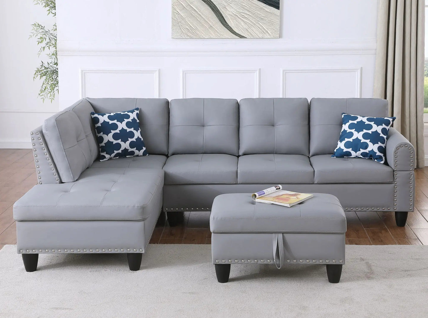 Irine gray sectional sofa with ottoman 2-piece living room set in gray faux leather with arms on Tampa Home & Garden Store
