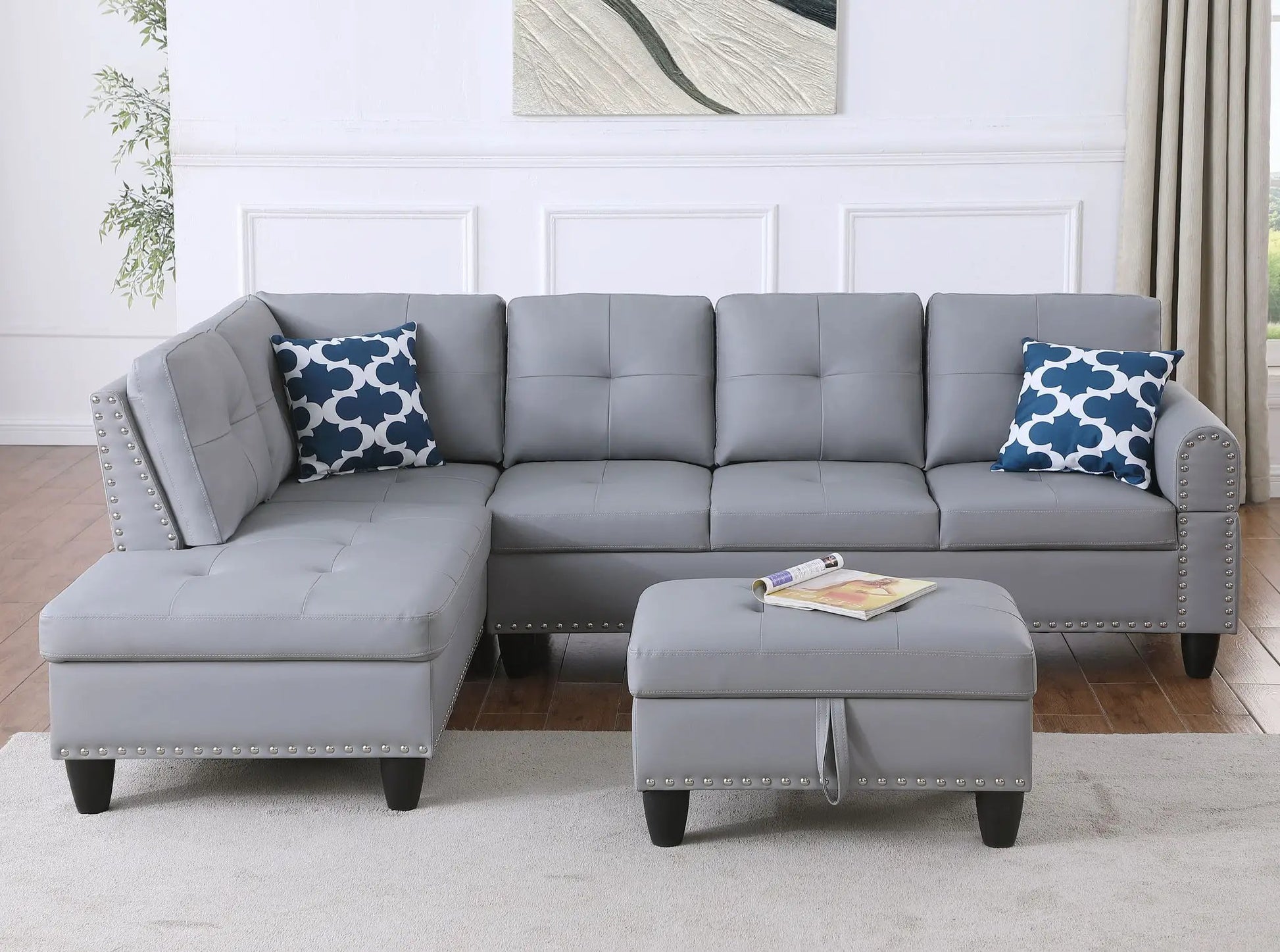Irine gray sectional sofa with ottoman 2-piece living room set in gray faux leather with arms on Tampa Home & Garden Store