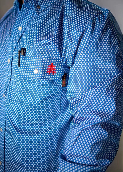 Static FR pearl snap work shirt in royal blue with white micro cross pattern and red chest logo on Tampa Home & Garden Store