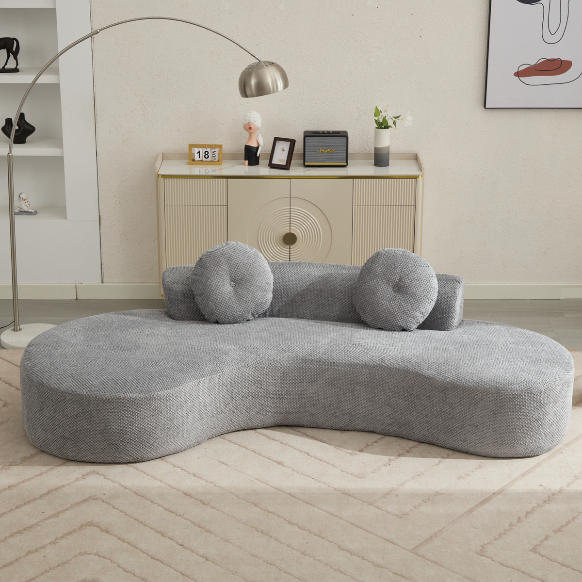 105.5'' curved sofa by HouseOfZazla in light gray knit fabric, modern minimalist design on Tampa Home & Garden Store