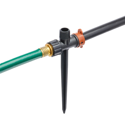 Orbit Irrigation faucet 1/2in MPT x 1/2in drip-tube stake, black plastic with orange clip on Tampa Home & Garden Store