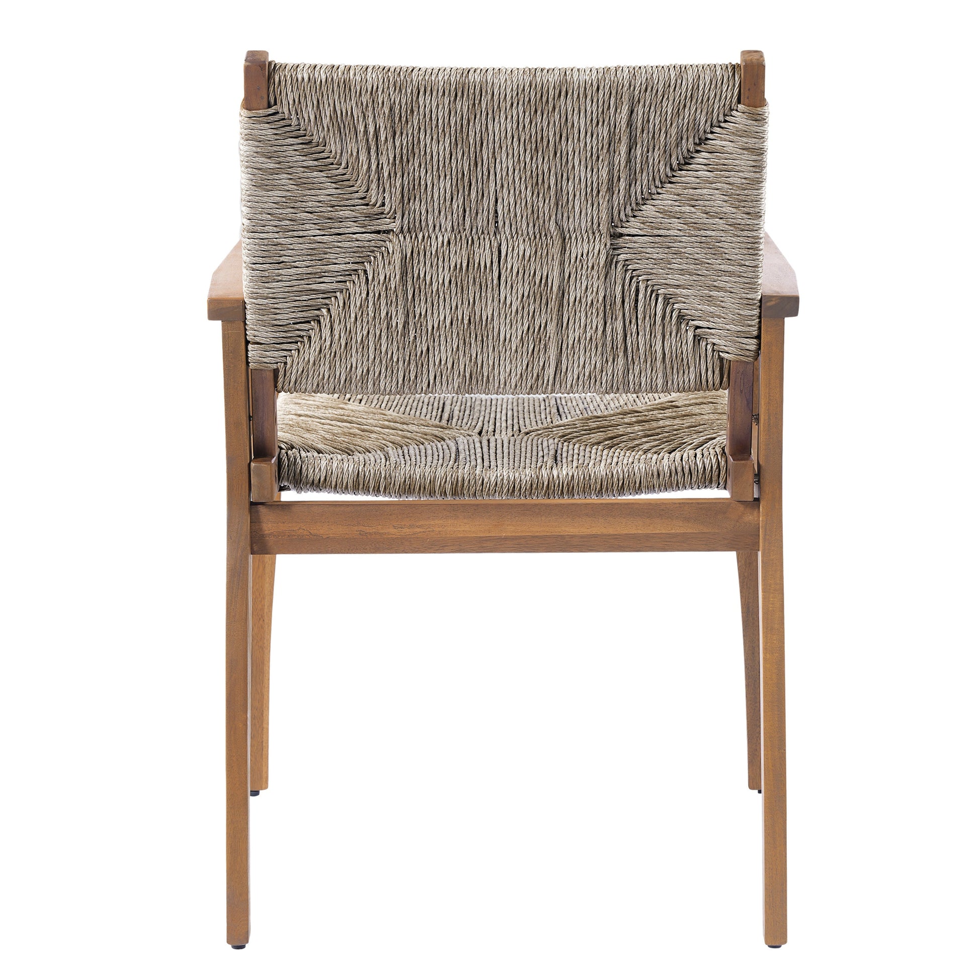 Durable outdoor dining chair with acacia wood frame and natural wicker seat on patio on Tampa Home & Garden Store