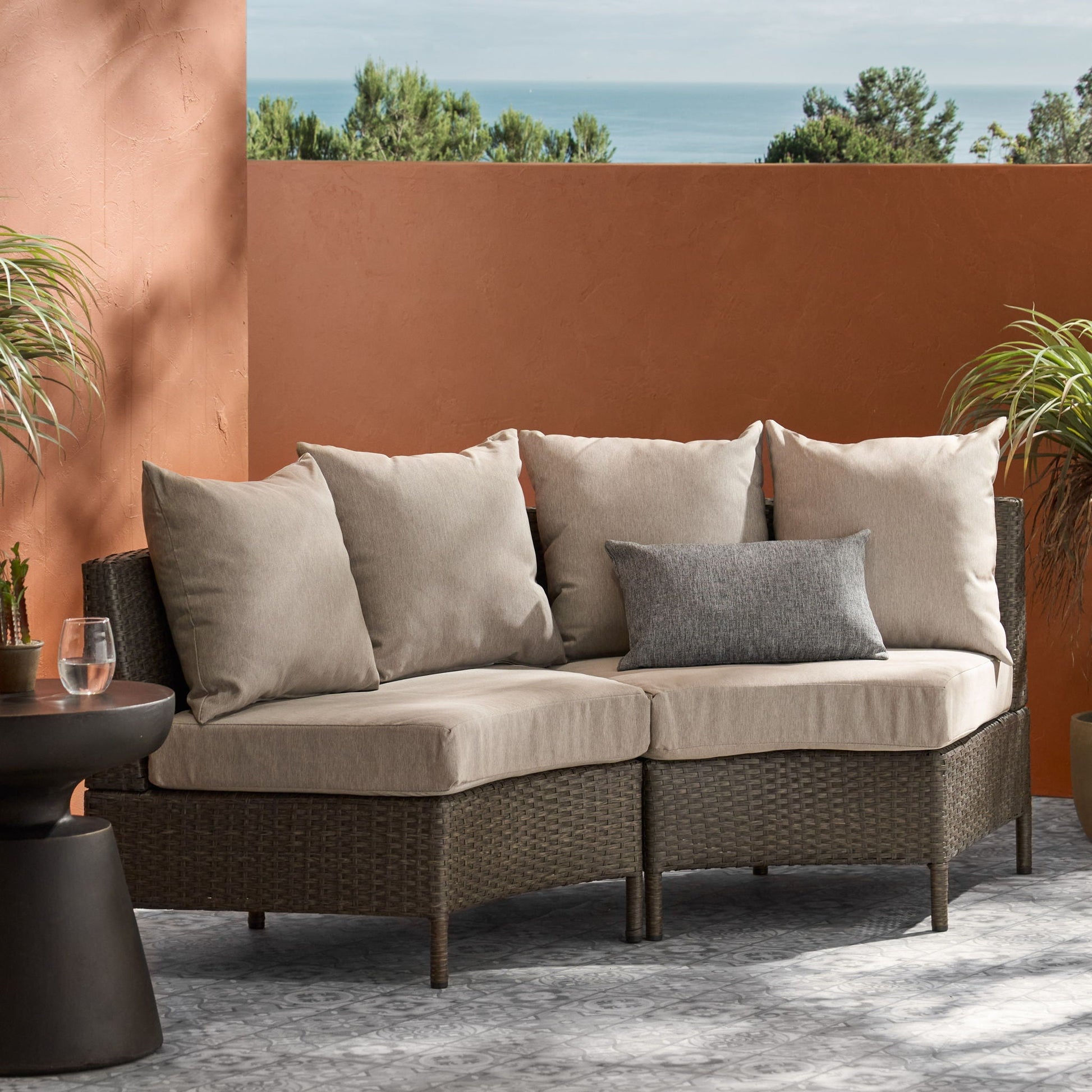 Pt Limon Modern Outdoor Single Sofa with beige cushions on a wicker frame on Tampa Home & Garden Store