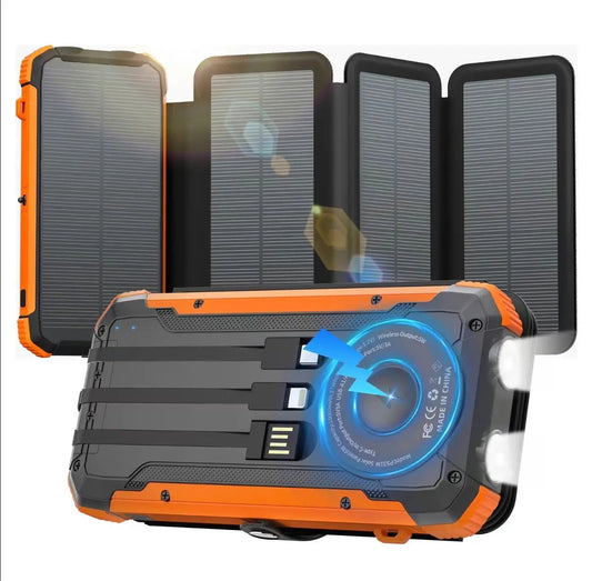 SolarMax Foldable Power Bank with Fast Charge, orange and black rugged solar panels on Tampa Home & Garden Store