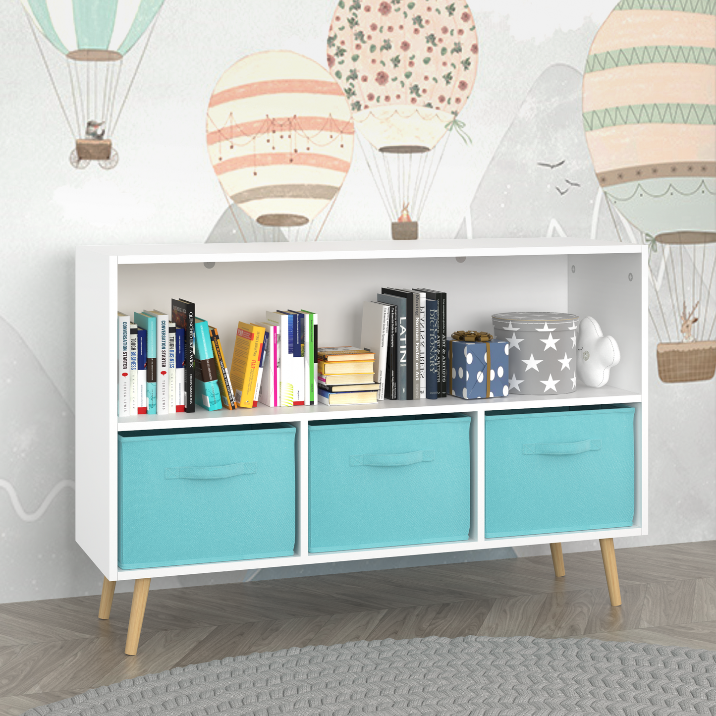 Kids bookcase with Collapsible Fabric Drawers Children's Book Display Toy Storage Cabinet Organizer White/Blue - Tampa Home & Garden Store