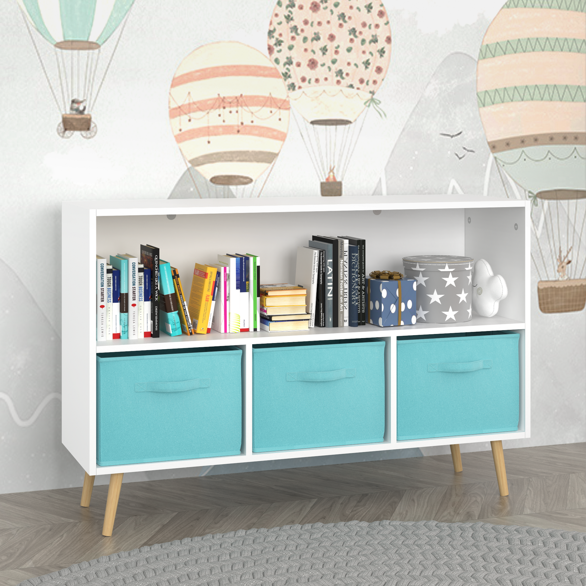 Kids bookcase with Collapsible Fabric Drawers Children's Book Display Toy Storage Cabinet Organizer White/Blue - Tampa Home & Garden Store