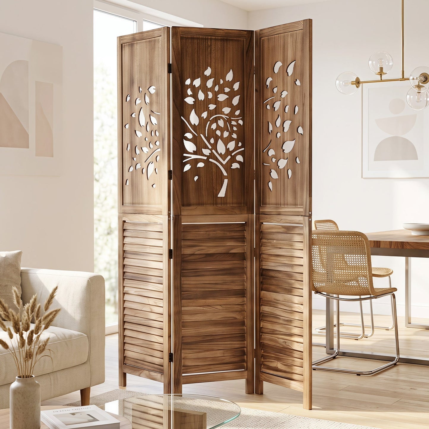 3-Panel Folding Room Divider 67in warm wood with tree leaf cutouts on Tampa Home & Garden Store