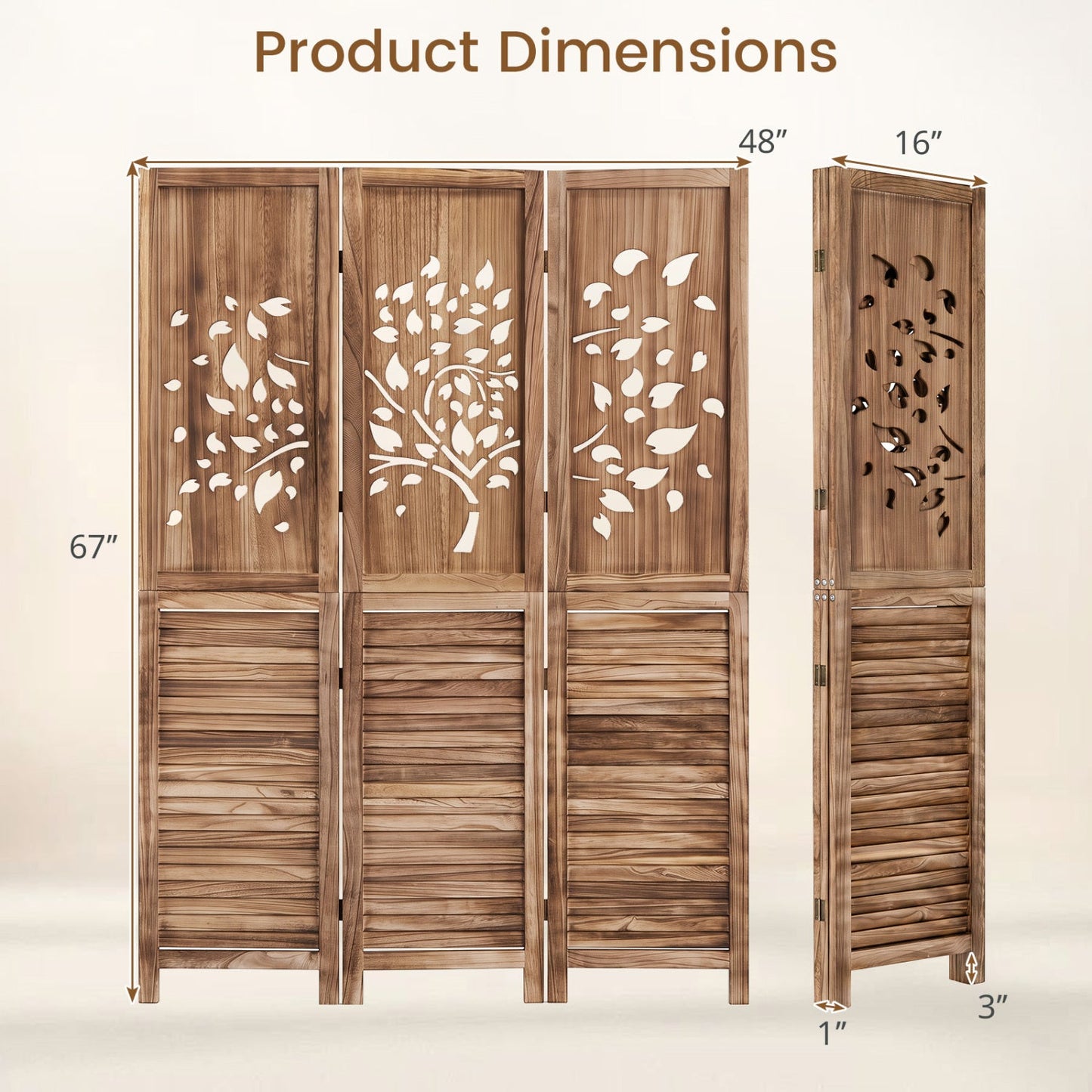 3-Panel Folding Room Divider 67in by DirectDeals, wood-finish panels with tree cutouts on Tampa Home & Garden Store