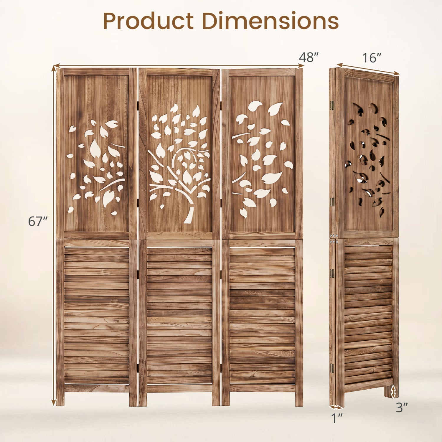 3-Panel Folding Room Divider 67in by DirectDeals, wood-finish panels with tree cutouts on Tampa Home & Garden Store