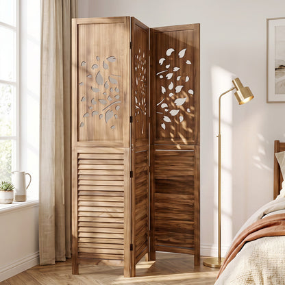 3-panel folding wood room divider 67 tall with tree leaf cutouts and bottom slatted panels on Tampa Home & Garden Store