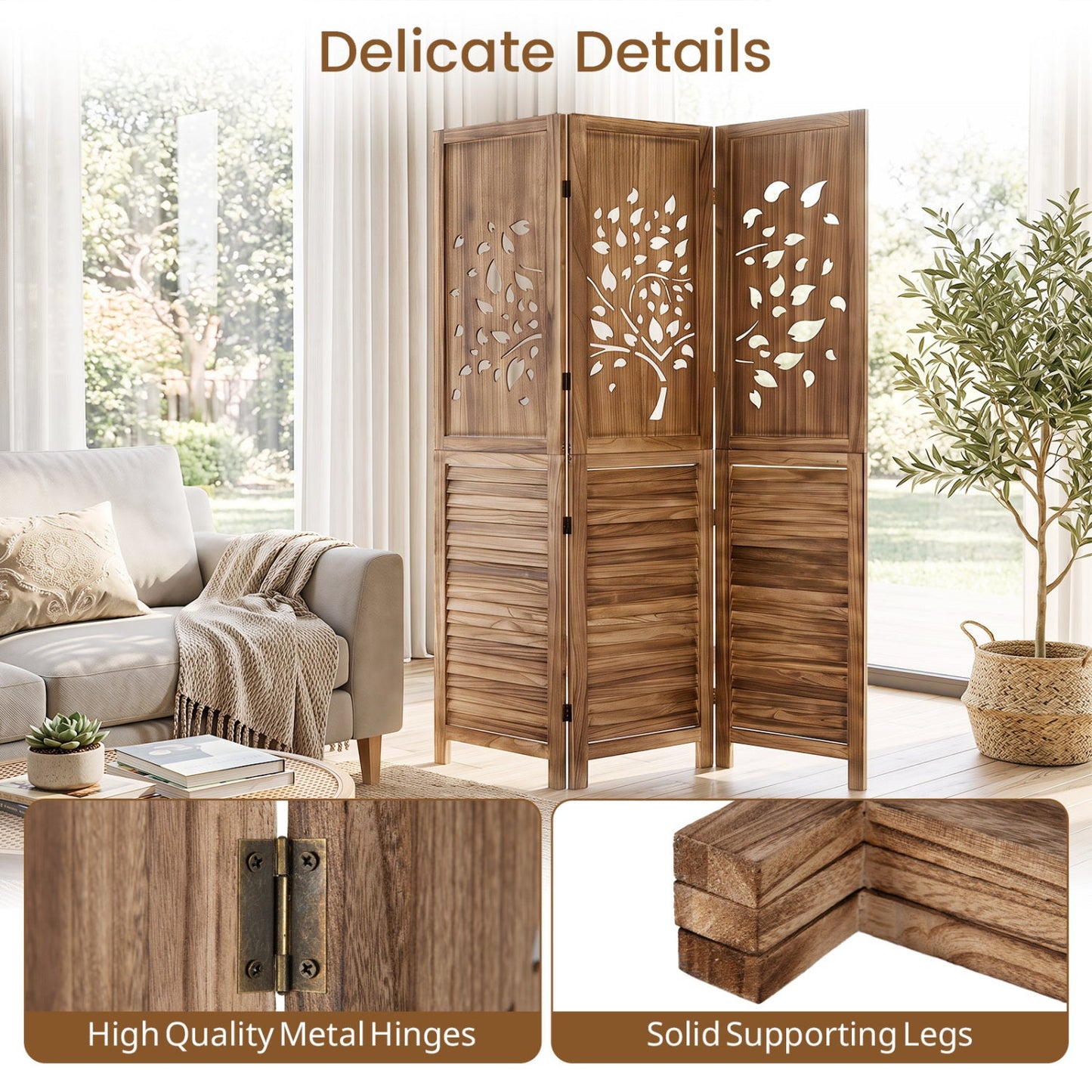 DirectDeals 3-Panel Folding Room Divider 67in wood tree cutout hinges solid legs on Tampa Home & Garden Store