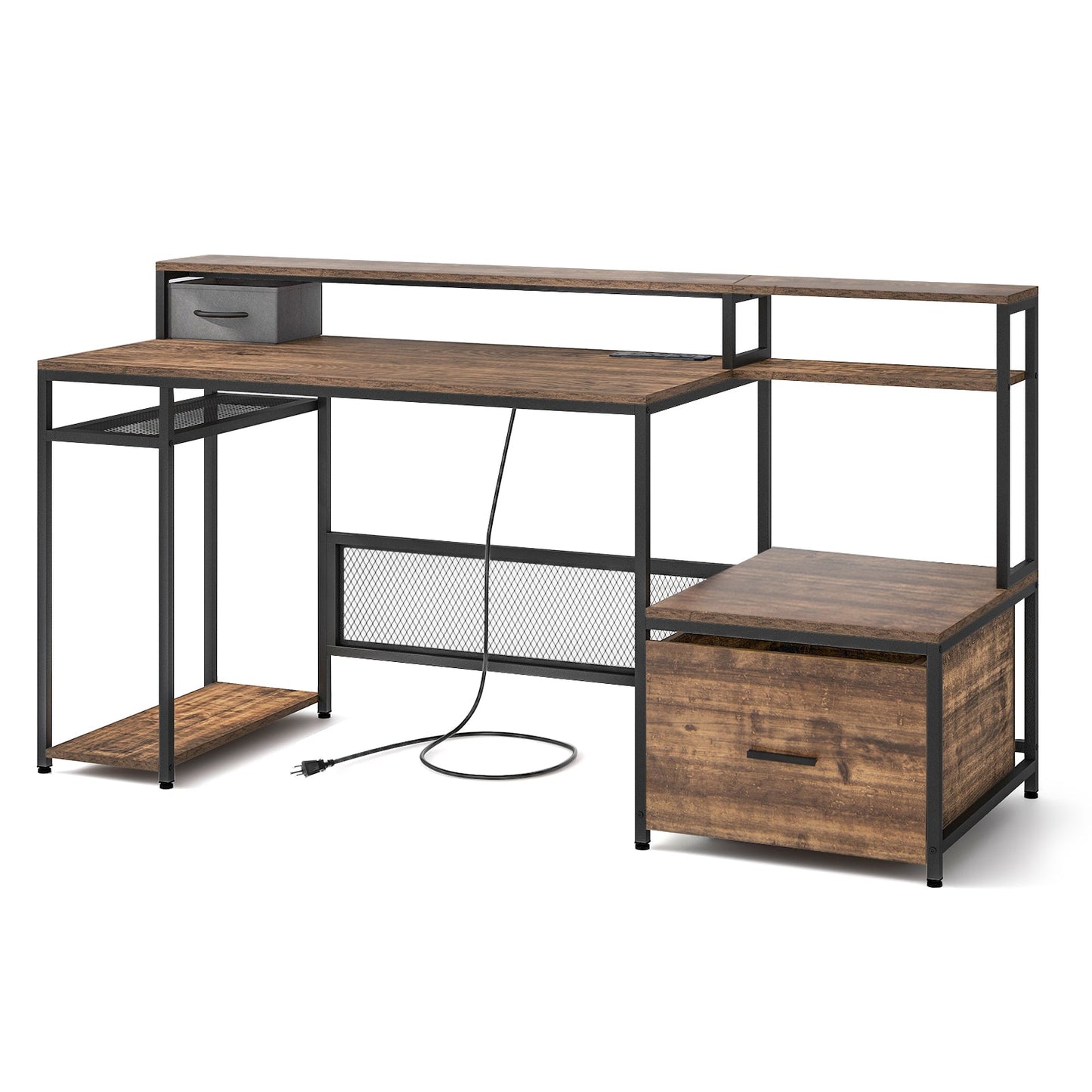 Escritorio para computadora de 67 pulgadas con soporte para monitor y cajón para archivos - Blanco