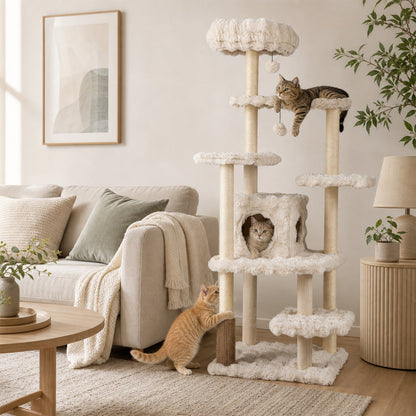 DirectDeals Multi-Level Cat Tree 67 Inch with plush cream covers, condo and perches; 2 cats visible on Tampa Home & Garden Store