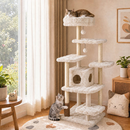 Multi-Level Cat Tree 67 Inch with Condo and Perch cream plush, sisal posts on Tampa Home & Garden Store