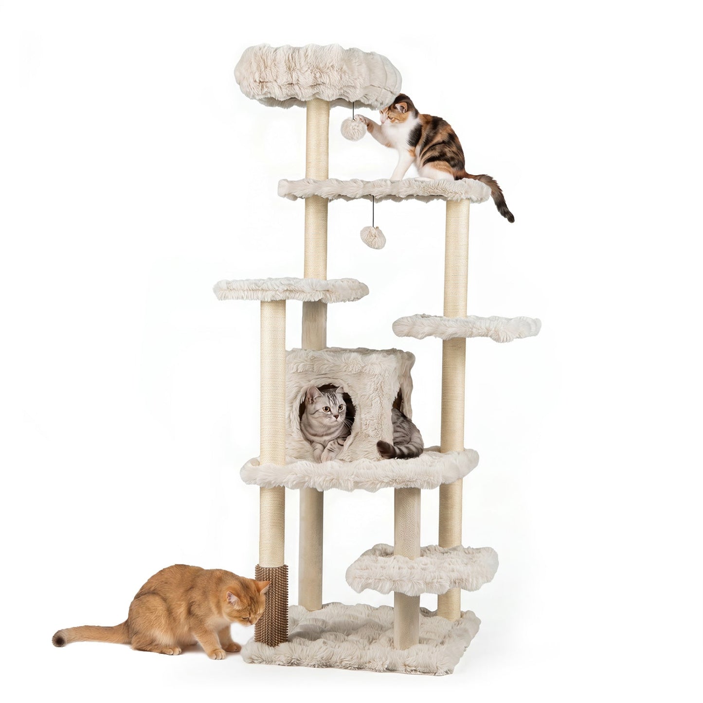 Multi-Level Cat Tree 67 Inch with Condo and Perch beige plush by DirectDeals with three cats on Tampa Home & Garden Store