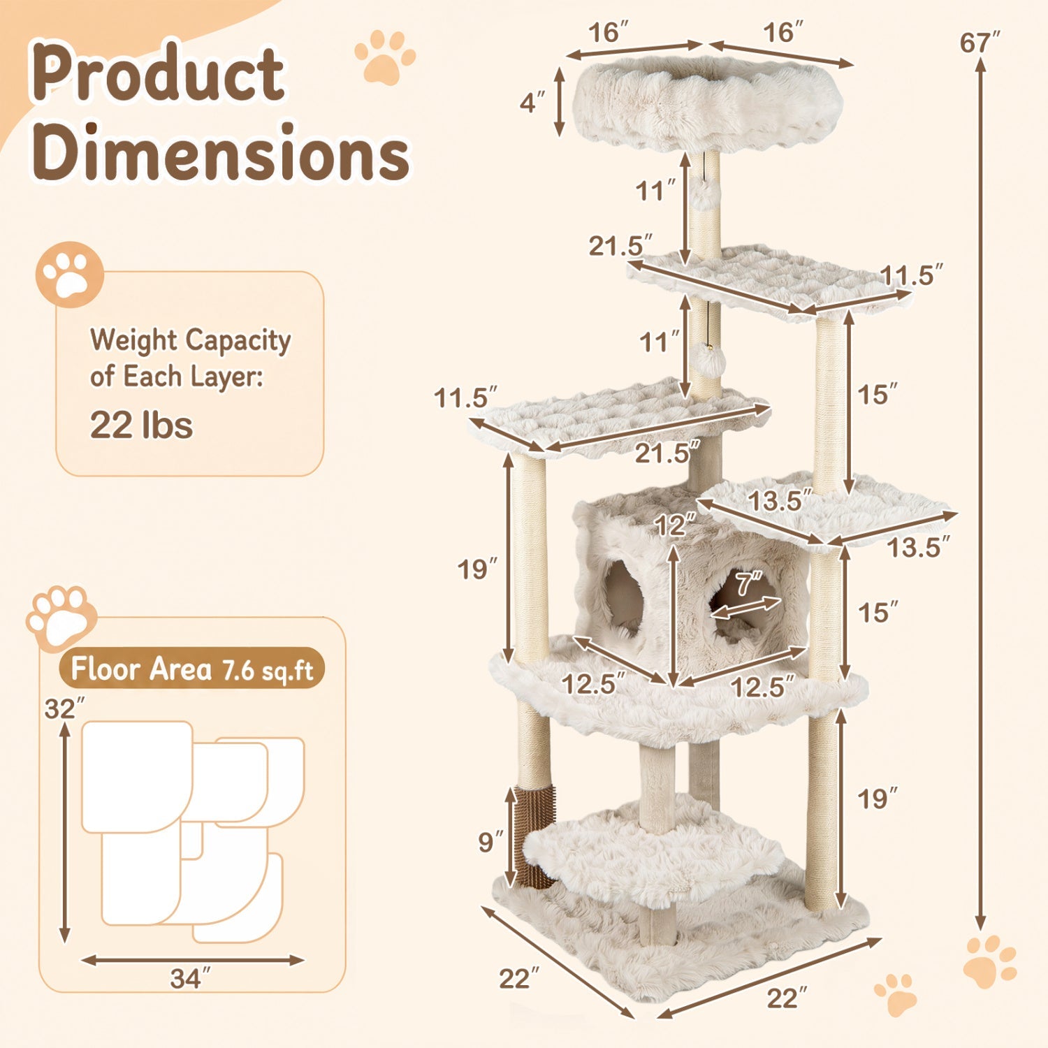 Multi-Level Cat Tree 67 Inch with Condo and Perch by DirectDeals, beige plush with sisal posts on Tampa Home & Garden Store