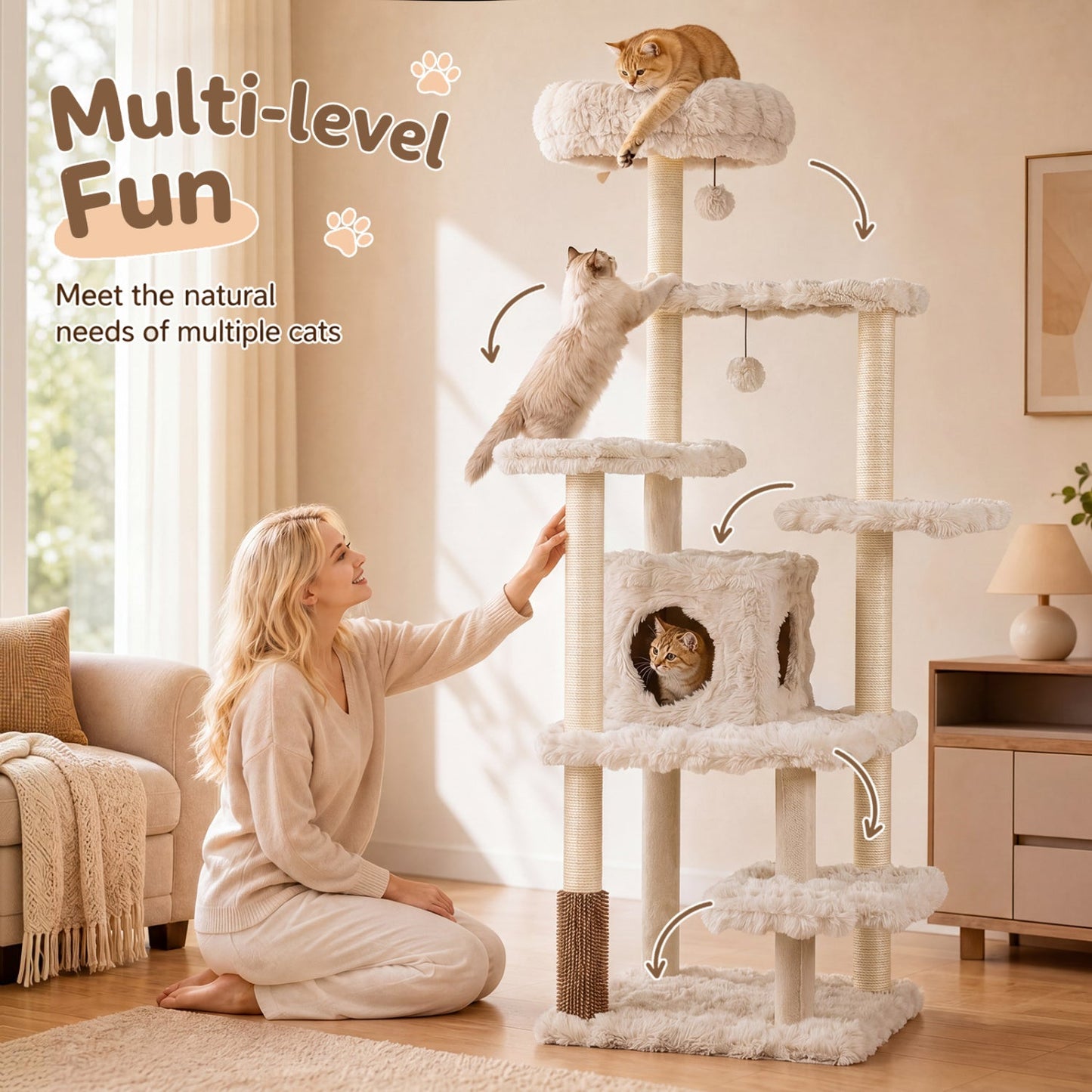 Multi-Level Cat Tree 67 Inch with Condo and Perch by DirectDeals in cream plush two cats climbing on Tampa Home & Garden Store