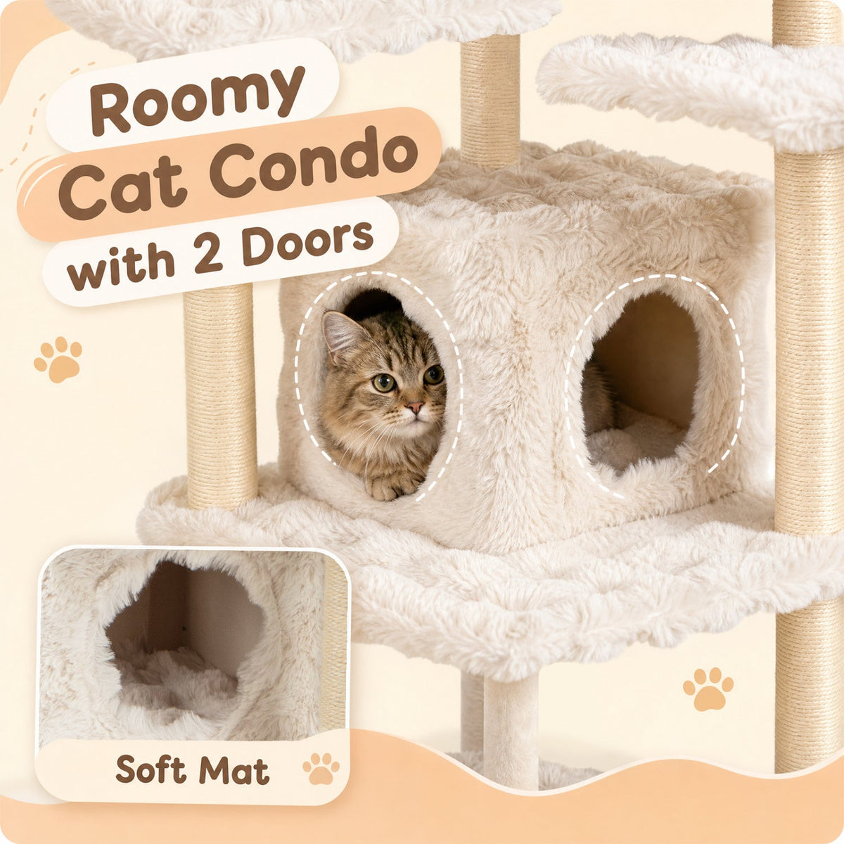 Multi-Level Cat Tree 67 Inch with condo and perch in beige plush, door openings and sisal posts on Tampa Home & Garden Store