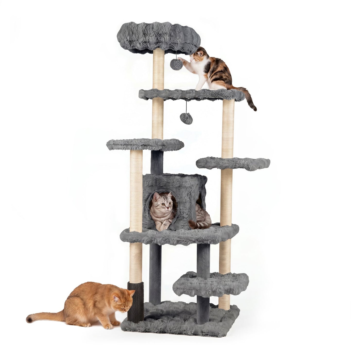 Multi-Level Cat Tree 67 Inch DirectDeals, gray plush platforms on beige posts with ball on Tampa Home & Garden Store