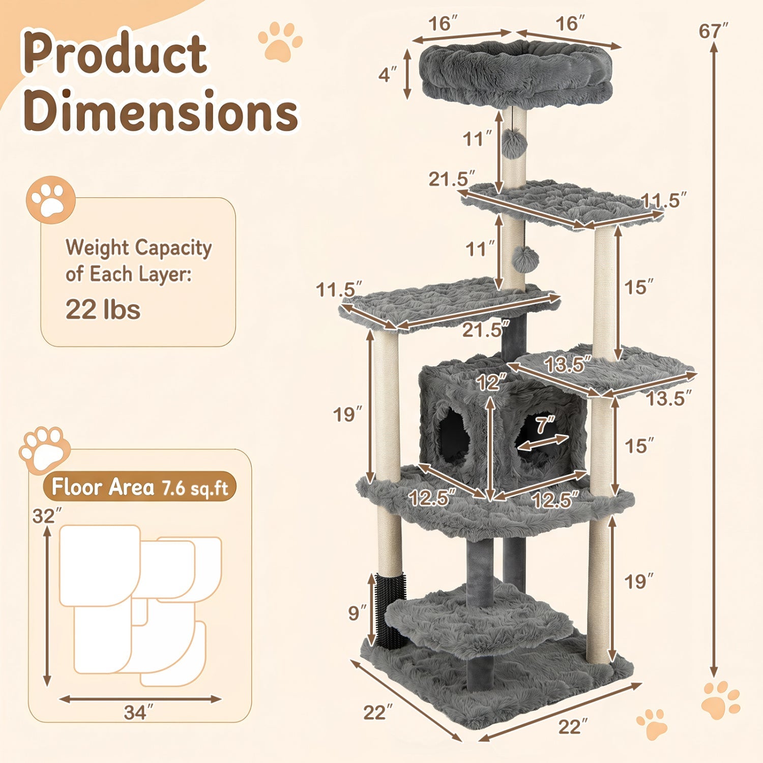 DirectDeals Multi-Level Cat Tree 67-Inch with condo and perch, grey plush fabric on Tampa Home & Garden Store