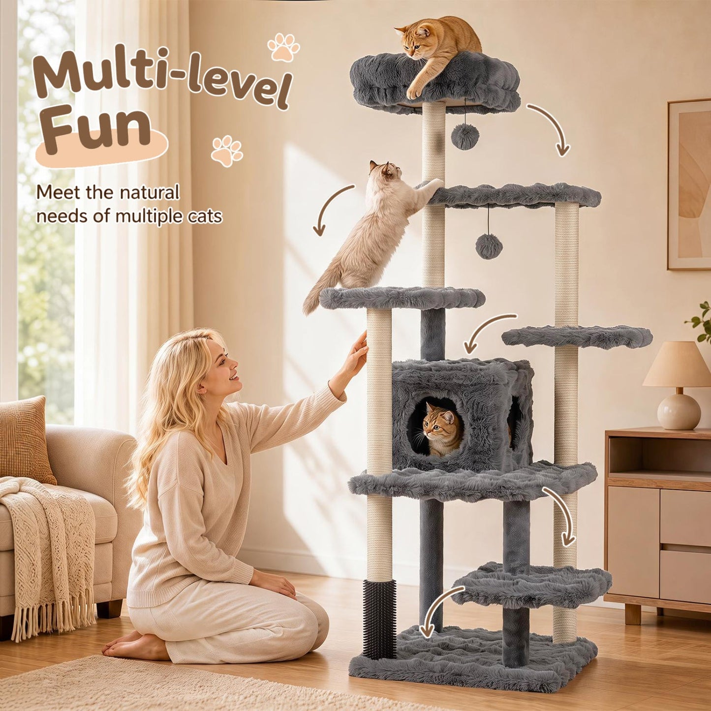 DirectDeals Cat Tree 67-Inch multi-level gray plush with condo and perches; two cats on Tampa Home & Garden Store