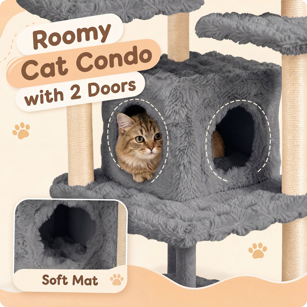 Multi-Level Cat Tree 67 Inch with plush grey fabric, condo with 2 doors and sisal posts by DirectDeals on Tampa Home & Garden Store