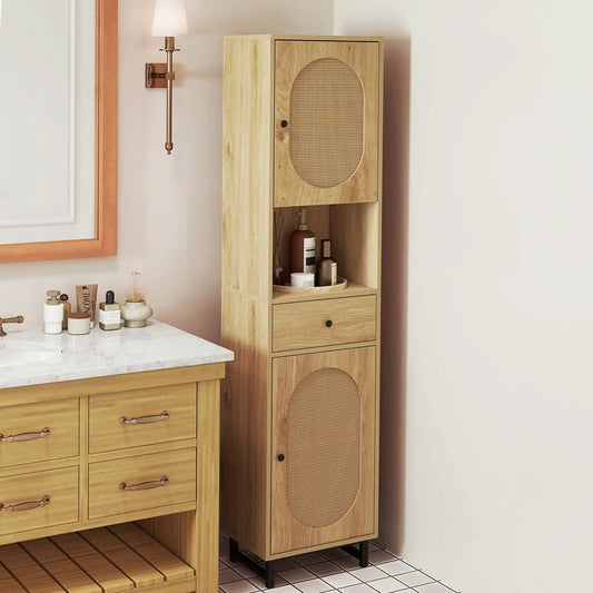 67 Inch tall bathroom cabinet with natural wood finish and PE rattan doors DirectDeals on Tampa Home & Garden Store