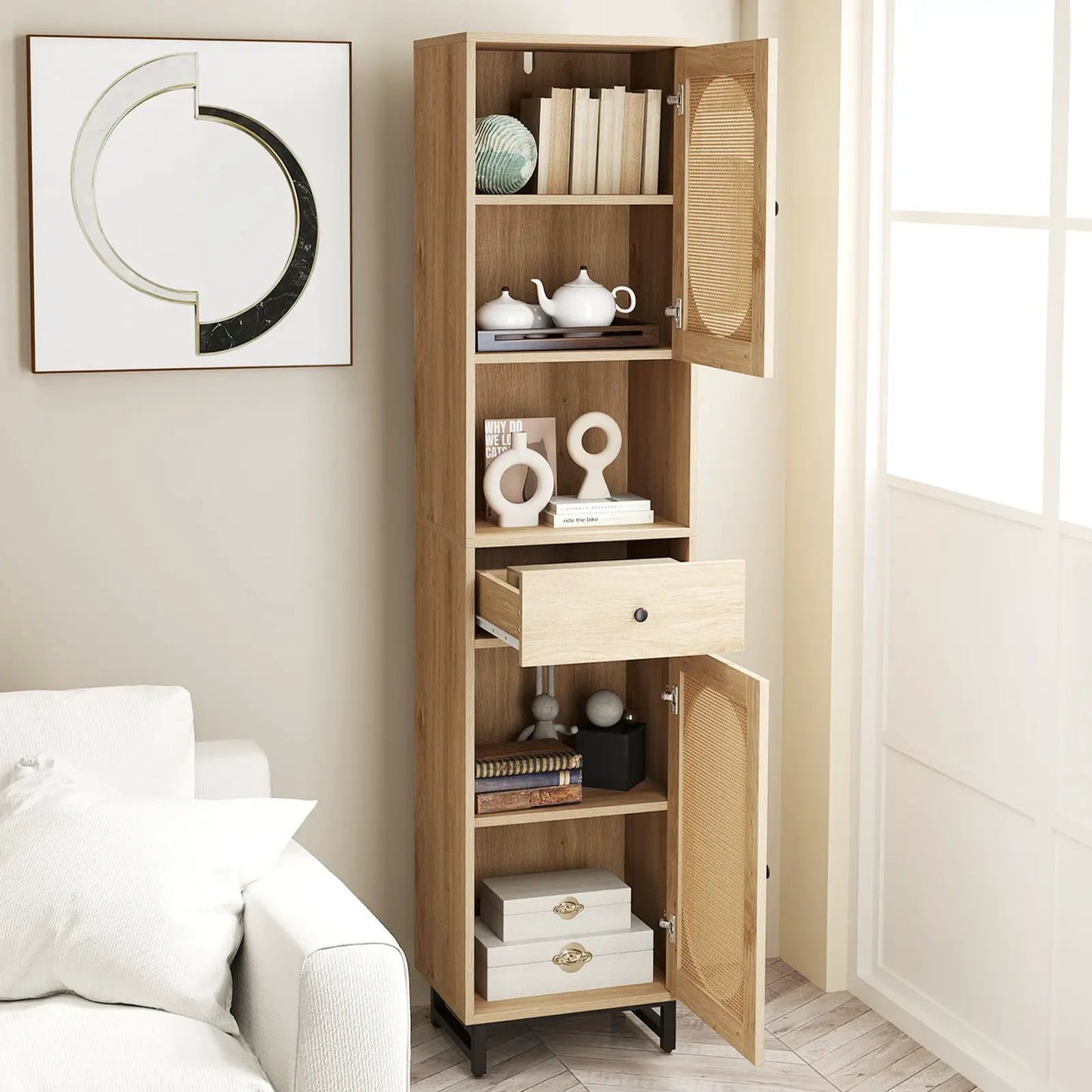 DirectDeals 67 Inch Tall Bathroom Cabinet PE Rattan Floor Cabinet with 2 Doors Natural on Tampa Home & Garden Store