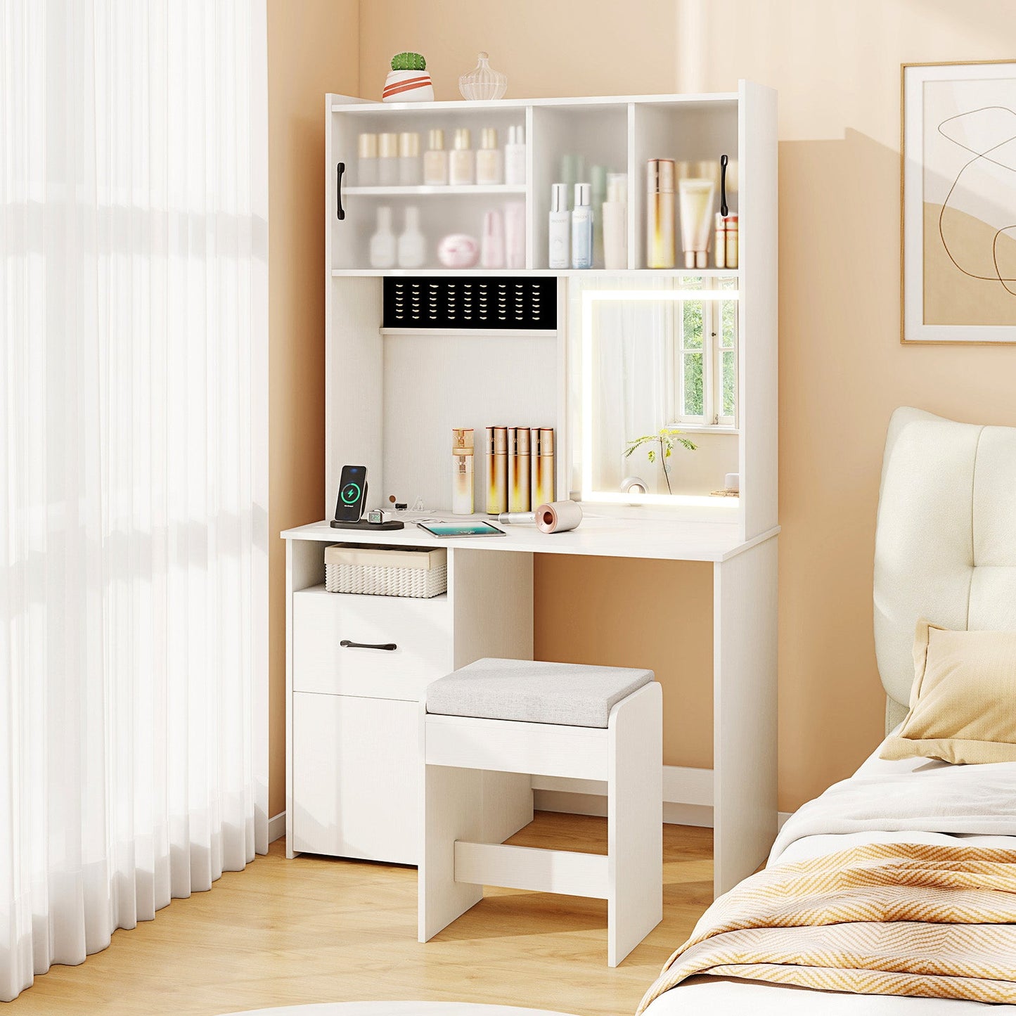 67 Inches Tall Vanity Set with Mirror Makeup Dressing Table with Charging Station-White