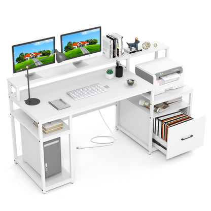 Escritorio para computadora de 67 pulgadas con soporte para monitor y cajón para archivos - Blanco